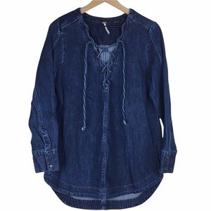 FREE PEOPLE Denim Tunic Top Jean Dress Neapolitan Dreams Lace Up Long Sleeve S